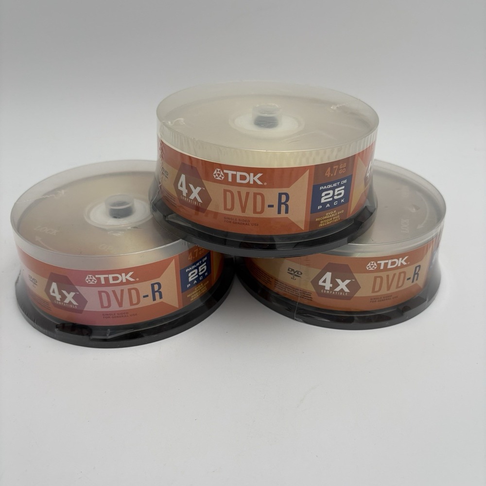 New 3‎ Pks 75 Total TDK 4.7GB DVD-R 25-Pk Spindle 4X Compatible 120 Minute Video